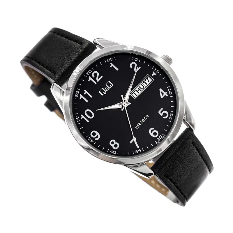 Q&Q Japan Quartz Black Dial Day-Date Leather Men's Watch- C32A-008PY